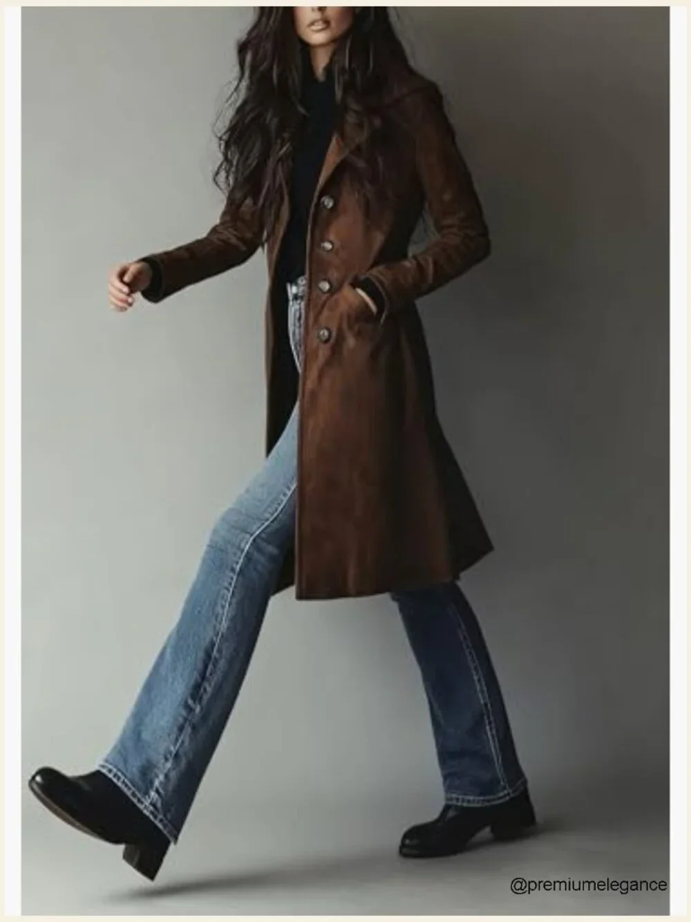 Long Suede Trench Coat Single Breasted Faux Leather Overcoat with Pockets - Picture 5 of 7